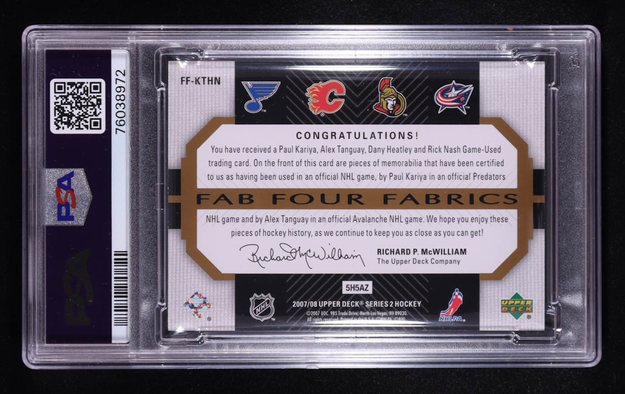 Paul Kariya / Alex Tanguay / Dany Heatley / Rick Nash 2007-08 Upper Deck Fab Four Fabrics #FFKTHN #034/100 (PSA 7) at PristineAuction.com Paul Kariya / Alex Tanguay / Dany Heatley / Rick Nash 2007-08 Upper Deck Fab Four Fabrics #FFKTHN #034/100 (PSA 7) at PristineAuction.com