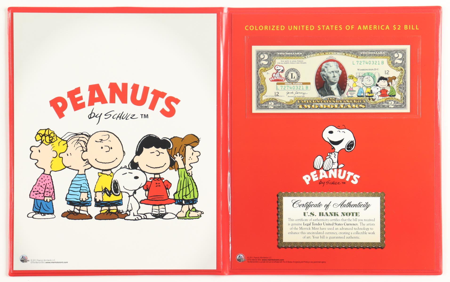 Peanuts Genuine Legal Tender Colorized U.S. $2.00 Two Dollar Bill Commemorative Edition Bank Note with Folder at PristineAuction.com Peanuts Genuine Legal Tender Colorized U.S. $2.00 Two Dollar Bill Commemorative Edition Bank Note with Folder at PristineAuction.com