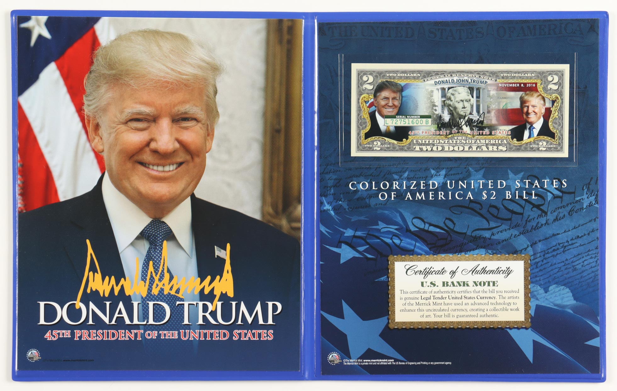 Donald Trump Genuine Legal Tender Colorized U.S. $2.00 Two Dollar Bill Commemorative Edition Bank Note with Folder at PristineAuction.com Donald Trump Genuine Legal Tender Colorized U.S. $2.00 Two Dollar Bill Commemorative Edition Bank Note with Folder at PristineAuction.com