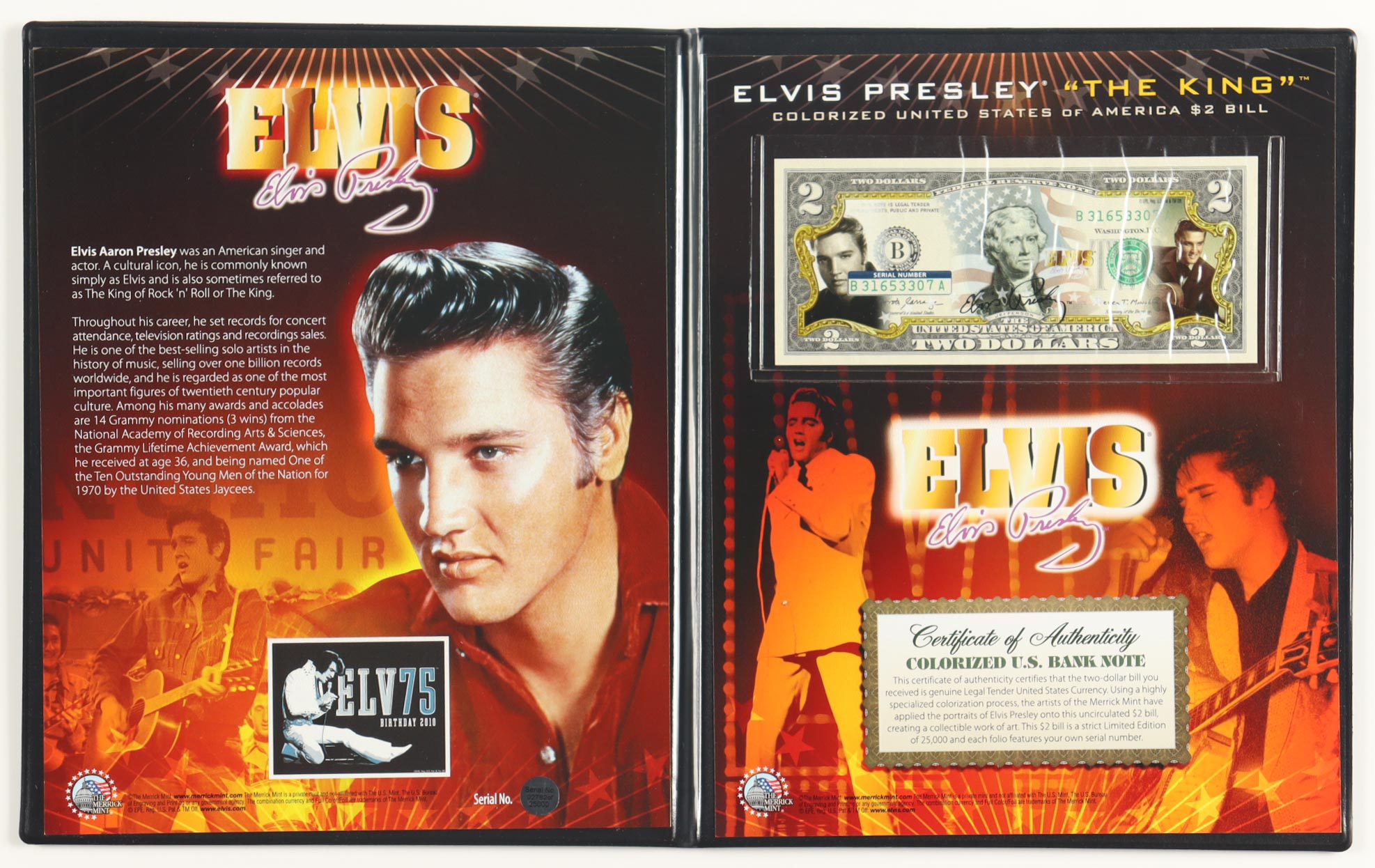 Elvis Presley Genuine Legal Tender Colorized U.S. $2.00 Two Dollar Bill Commemorative Edition Bank Note with Folder at PristineAuction.com Elvis Presley Genuine Legal Tender Colorized U.S. $2.00 Two Dollar Bill Commemorative Edition Bank Note with Folder at PristineAuction.com