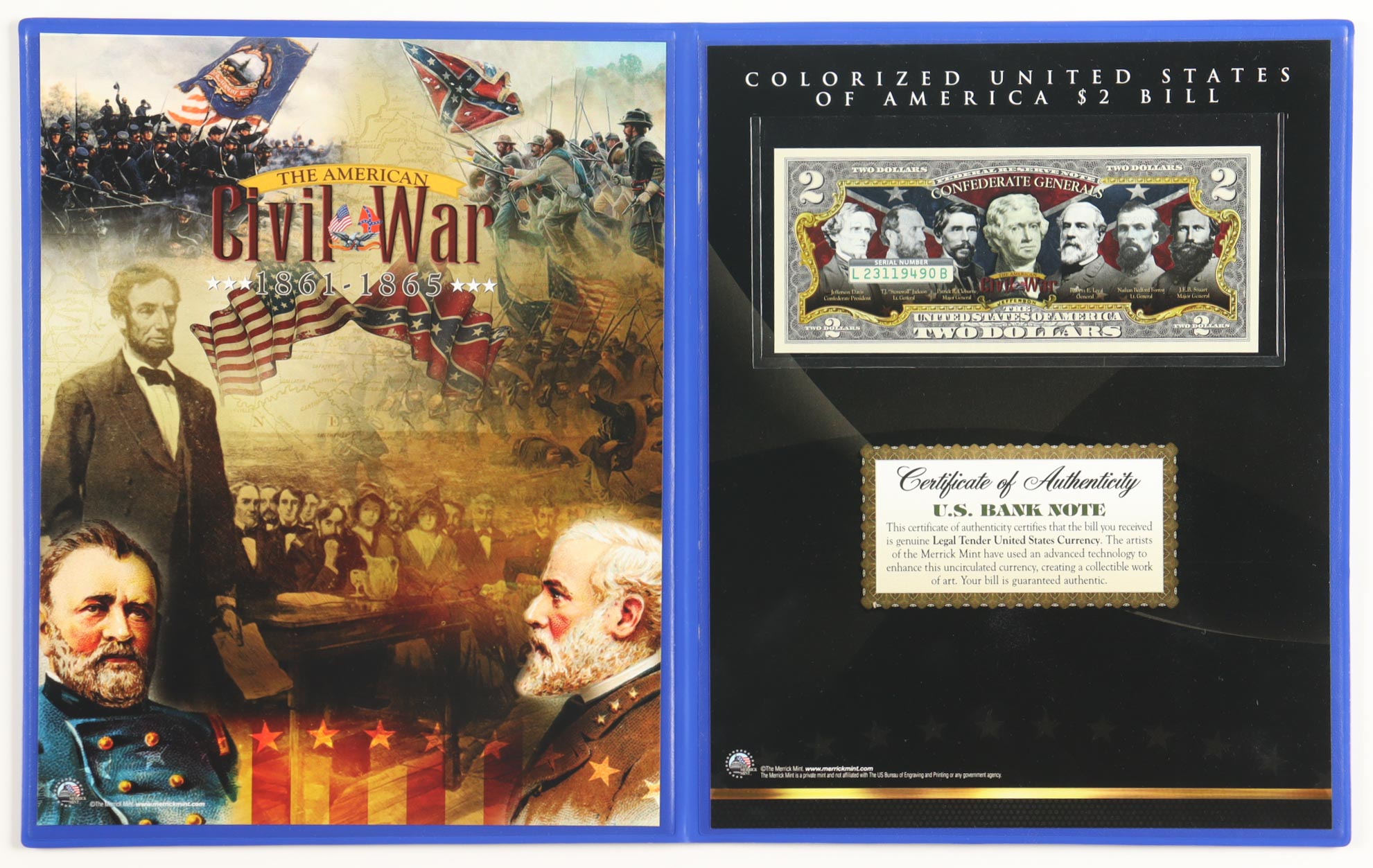 Civil War Genuine Legal Tender Colorized U.S. $2.00 Two Dollar Bill Commemorative Edition Bank Note with Folder at PristineAuction.com Civil War Genuine Legal Tender Colorized U.S. $2.00 Two Dollar Bill Commemorative Edition Bank Note with Folder at PristineAuction.com