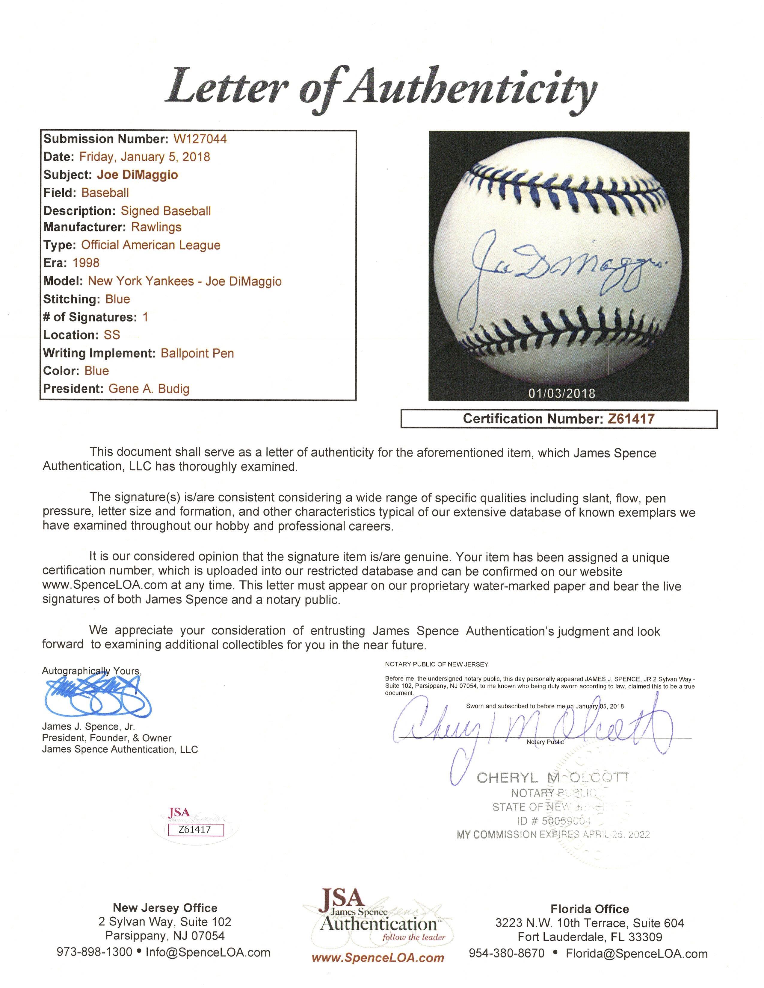 Joe DiMaggio Signed 1998 "Joe DiMaggio Day" OAL Baseball (JSA & DiMaggio Letter of Provenance) at PristineAuction.com Joe DiMaggio Signed 1998 "Joe DiMaggio Day" OAL Baseball (JSA & DiMaggio Letter of Provenance) at PristineAuction.com