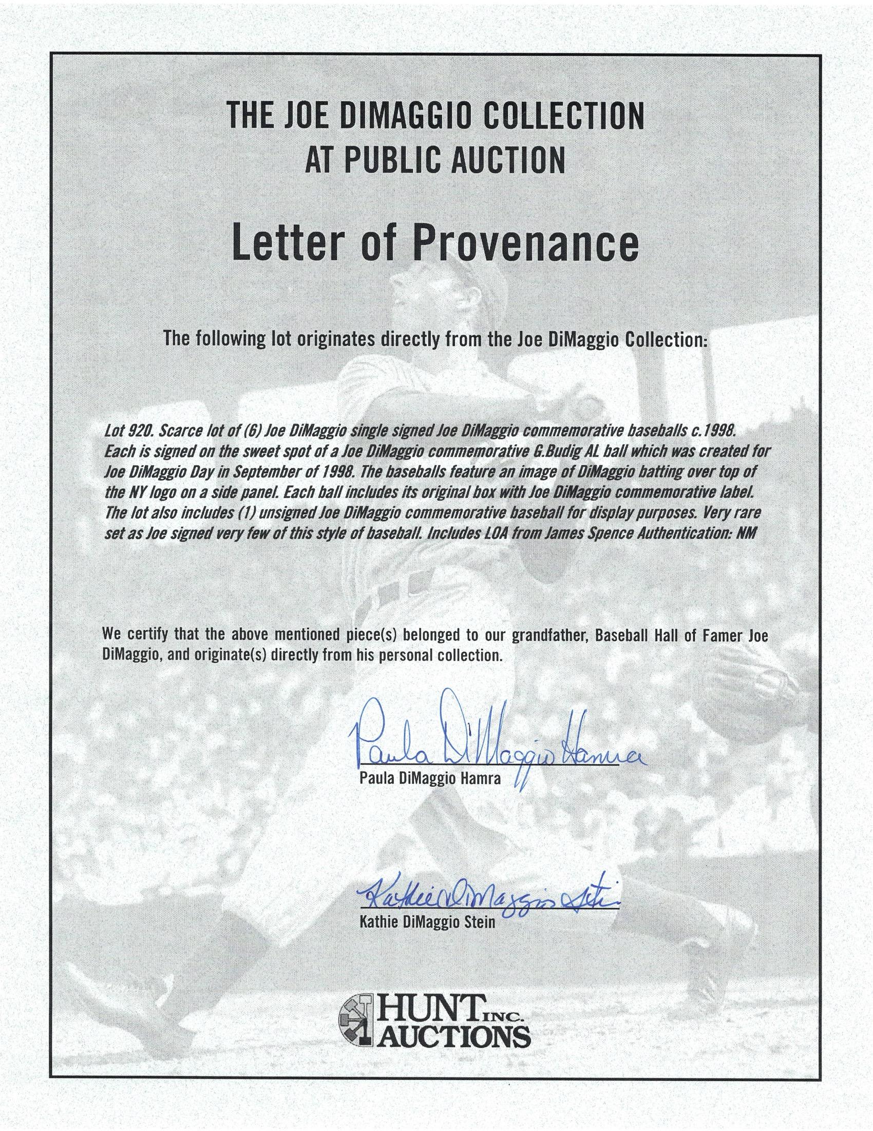 Joe DiMaggio Signed 1998 "Joe DiMaggio Day" OAL Baseball (JSA & DiMaggio Letter of Provenance) at PristineAuction.com Joe DiMaggio Signed 1998 "Joe DiMaggio Day" OAL Baseball (JSA & DiMaggio Letter of Provenance) at PristineAuction.com