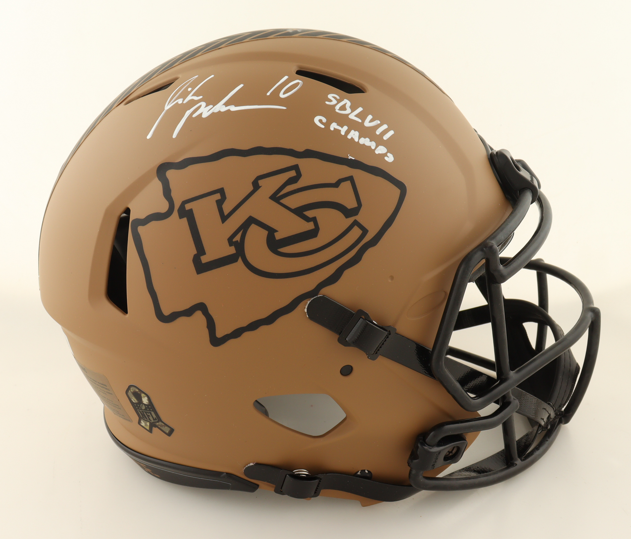 Isaiah Pacheco Signed Chiefs Full-Size Authentic On-Field Salute To Service Alternate Speed Helmet Inscribed "SBLVII Champs" (Beckett) at PristineAuction.com Isaiah Pacheco Signed Chiefs Full-Size Authentic On-Field Salute To Service Alternate Speed Helmet Inscribed "SBLVII Champs" (Beckett) at PristineAuction.com