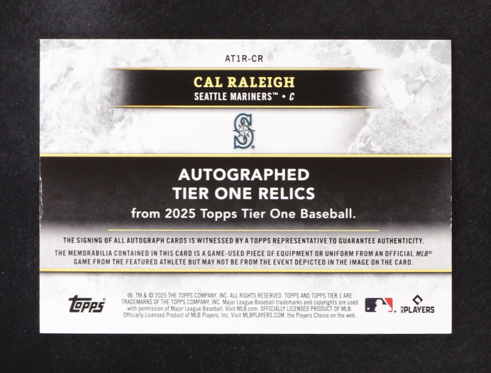 Cal Raleigh 2025 Topps Tier One Auto MEM #AT1R-CR #014/149 at PristineAuction.com Cal Raleigh 2025 Topps Tier One Auto MEM #AT1R-CR #014/149 at PristineAuction.com