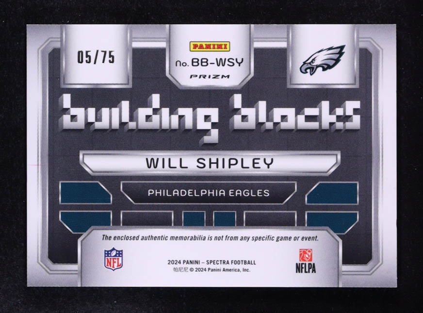 Will Shipley 2024 Panini Spectra Building Blocks Materials Hyper #28 RC #05/75 at PristineAuction.com Will Shipley 2024 Panini Spectra Building Blocks Materials Hyper #28 RC #05/75 at PristineAuction.com