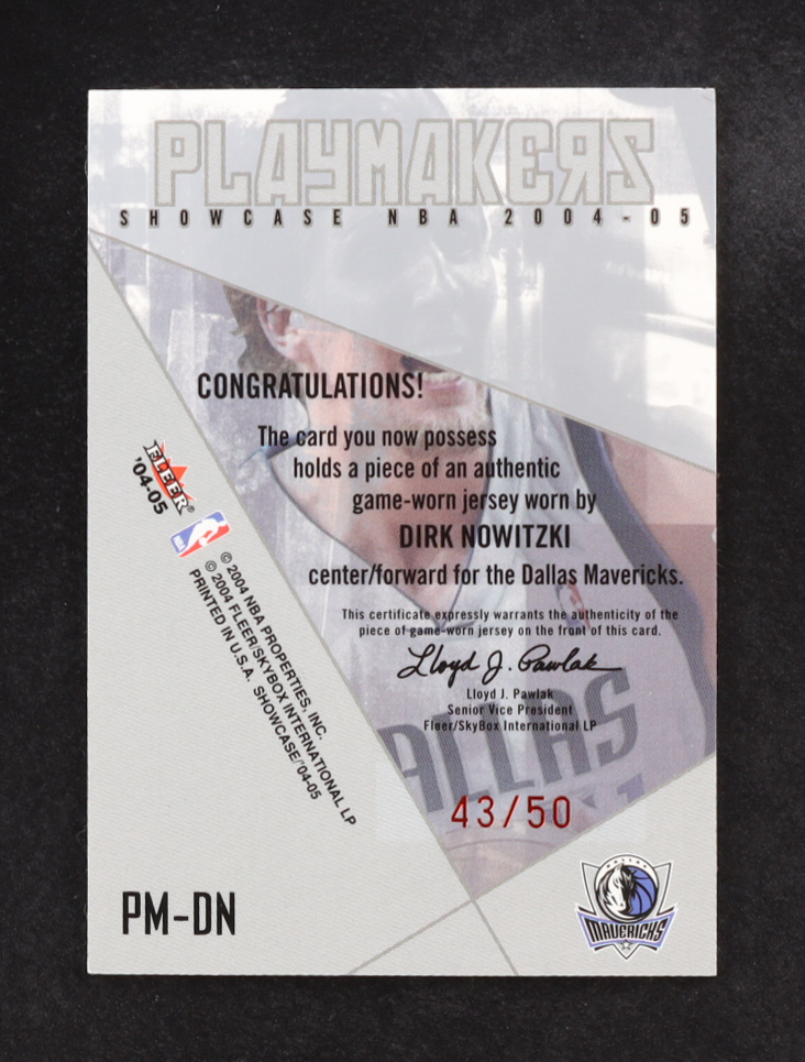 Dirk Nowitzki 2004-05 Fleer Showcase Playmakers Jerseys Nameplates #PM-DN #43/50 at PristineAuction.com Dirk Nowitzki 2004-05 Fleer Showcase Playmakers Jerseys Nameplates #PM-DN #43/50 at PristineAuction.com