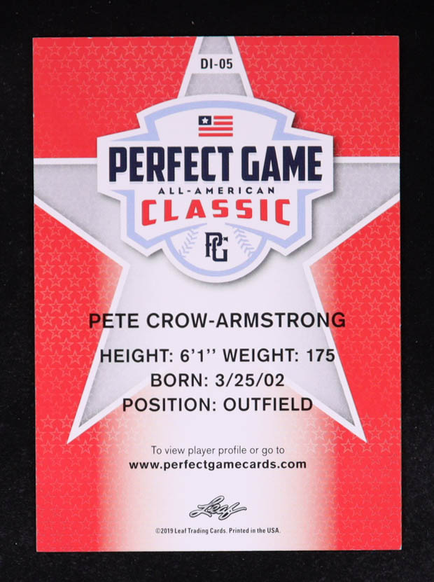 Pete Crow-Armstrong 2019 Leaf Perfect Game National Showcase #DI05 RC at PristineAuction.com Pete Crow-Armstrong 2019 Leaf Perfect Game National Showcase #DI05 RC at PristineAuction.com
