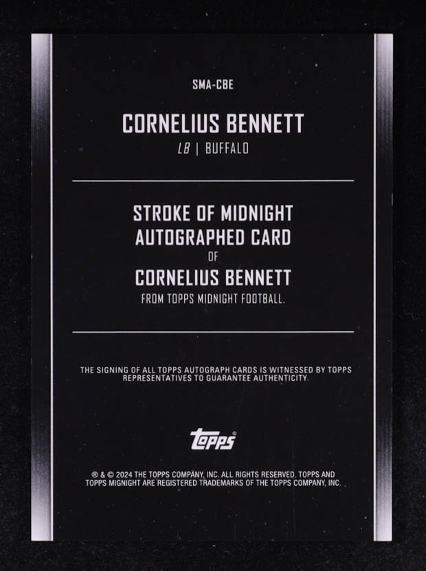 Cornelius Bennett 2024 Topps Midnight Stroke of Midnight Autographs Summer Solstice #SMA-CBE #31/50 at PristineAuction.com Cornelius Bennett 2024 Topps Midnight Stroke of Midnight Autographs Summer Solstice #SMA-CBE #31/50 at PristineAuction.com