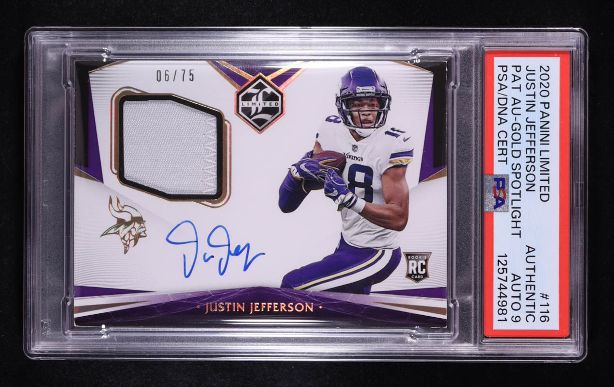 Justin Jefferson 2020 Limited Gold Spotlight Jersey Autograph #116 #6/75 (PSA | Auto 9) at PristineAuction.com Justin Jefferson 2020 Limited Gold Spotlight Jersey Autograph #116 #6/75 (PSA | Auto 9) at PristineAuction.com