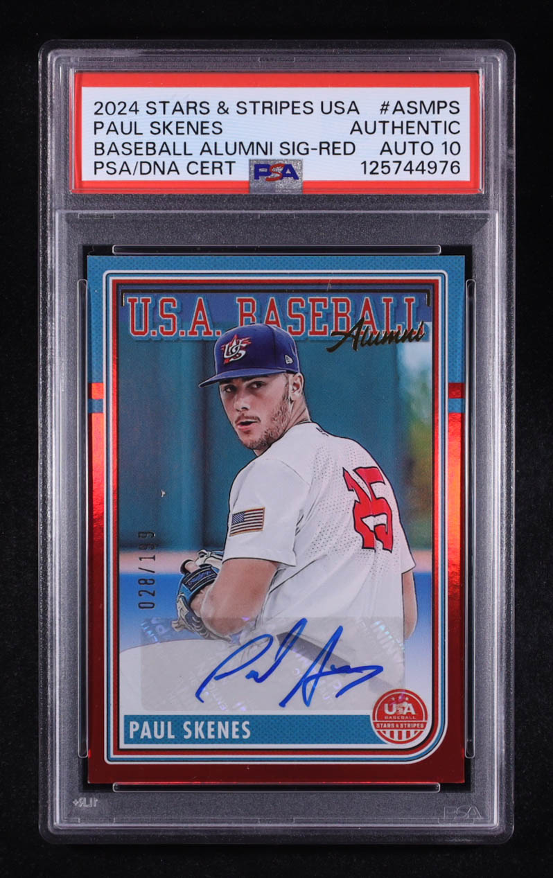 Paul Skenes 2024 USA Baseball Stars and Stripes USA Baseball Alumni Signatures Red #9 #28/199 (PSA | Auto 10) at PristineAuction.com Paul Skenes 2024 USA Baseball Stars and Stripes USA Baseball Alumni Signatures Red #9 #28/199 (PSA | Auto 10) at PristineAuction.com