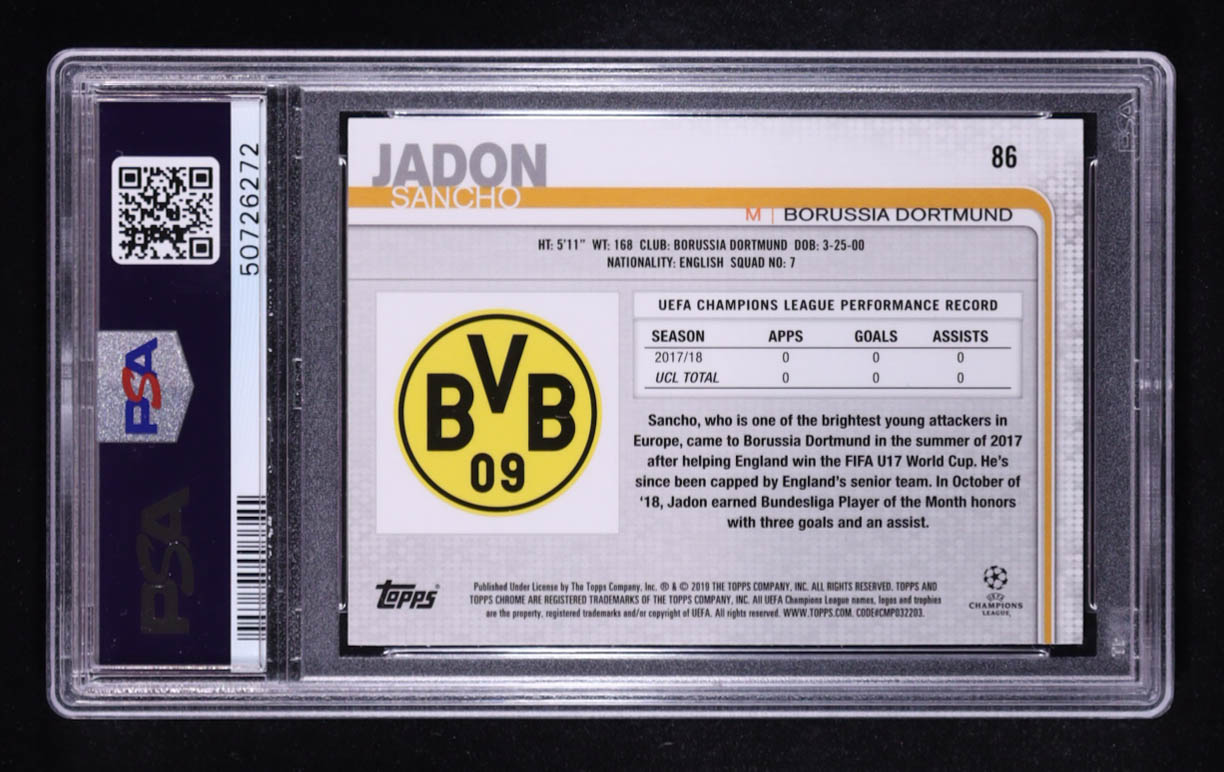 Jadon Sancho 2018 Topps Chrome UEFA Champions League #86 RC (PSA 9) at PristineAuction.com Jadon Sancho 2018 Topps Chrome UEFA Champions League #86 RC (PSA 9) at PristineAuction.com