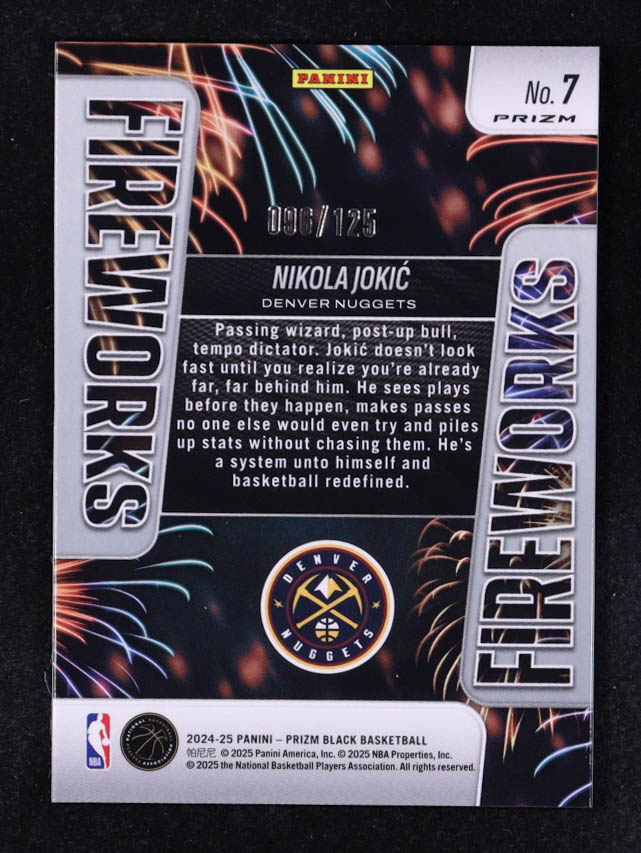 Nikola Jokic 2024-25 Panini Prizm Black Fireworks Prizms Blue Ice #7 #96/125 at PristineAuction.com Nikola Jokic 2024-25 Panini Prizm Black Fireworks Prizms Blue Ice #7 #96/125 at PristineAuction.com