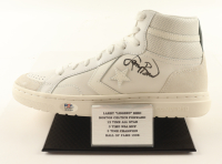 Larry Bird Signed Converse All-Star White Leather Basketball Shoe With Stat Plaque Display Stand (PSA) at PristineAuction.com