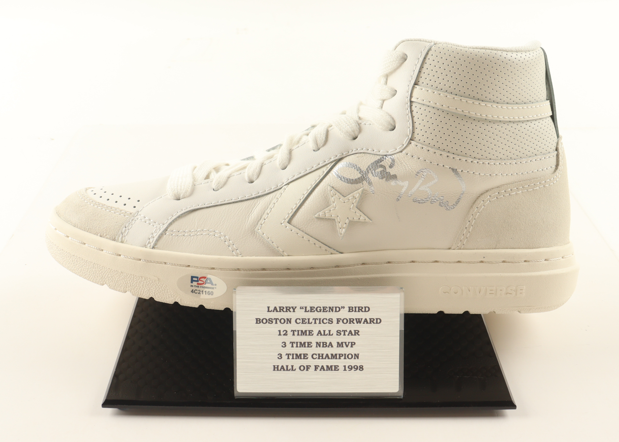 Larry Bird Signed Converse All-Star White Leather Basketball Shoe With Stat Plaque Display Stand (PSA) at PristineAuction.com Larry Bird Signed Converse All-Star White Leather Basketball Shoe With Stat Plaque Display Stand (PSA) at PristineAuction.com