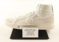 Larry Bird Signed Converse All-Star White Leather Basketball Shoe With Stat Plaque Display Stand (PSA) at PristineAuction.com