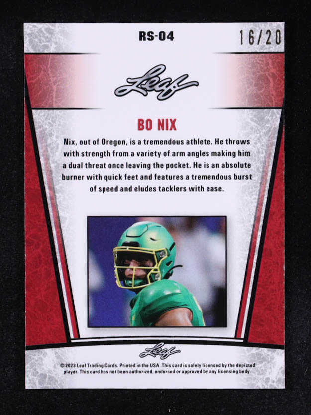 Bo Nix 2023 Leaf Metal Special Release Rookie Silver Kaleidoscope Blue #RS04 #16/20 RC at PristineAuction.com Bo Nix 2023 Leaf Metal Special Release Rookie Silver Kaleidoscope Blue #RS04 #16/20 RC at PristineAuction.com