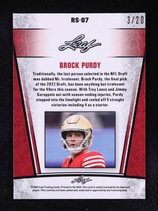 Brock Purdy 2023 Leaf Metal Special Release Rookie Silver Lazer Blue #RS07 #03/20 at PristineAuction.com Brock Purdy 2023 Leaf Metal Special Release Rookie Silver Lazer Blue #RS07 #03/20 at PristineAuction.com