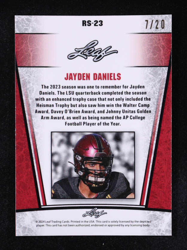 Jayden Daniels 2024 Leaf Metal Special Release Rookie Silver Lazer Blue #RS23 #7/20 RC at PristineAuction.com Jayden Daniels 2024 Leaf Metal Special Release Rookie Silver Lazer Blue #RS23 #7/20 RC at PristineAuction.com