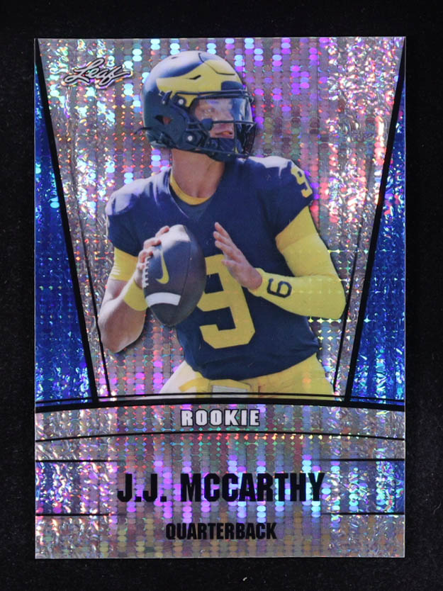 J.J. McCarthy 2023 Leaf Metal Special Release Rookie Silver Pulsar Blue #RS34 #13/20 RC at PristineAuction.com J.J. McCarthy 2023 Leaf Metal Special Release Rookie Silver Pulsar Blue #RS34 #13/20 RC at PristineAuction.com