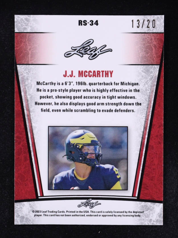 J.J. McCarthy 2023 Leaf Metal Special Release Rookie Silver Pulsar Blue #RS34 #13/20 RC at PristineAuction.com J.J. McCarthy 2023 Leaf Metal Special Release Rookie Silver Pulsar Blue #RS34 #13/20 RC at PristineAuction.com