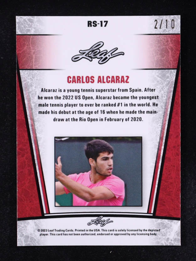 Carlos Alcaraz 2023 Leaf Metal Special Release Rookie Silver Kaleidoscope Pink #RS17 #02/10 at PristineAuction.com Carlos Alcaraz 2023 Leaf Metal Special Release Rookie Silver Kaleidoscope Pink #RS17 #02/10 at PristineAuction.com