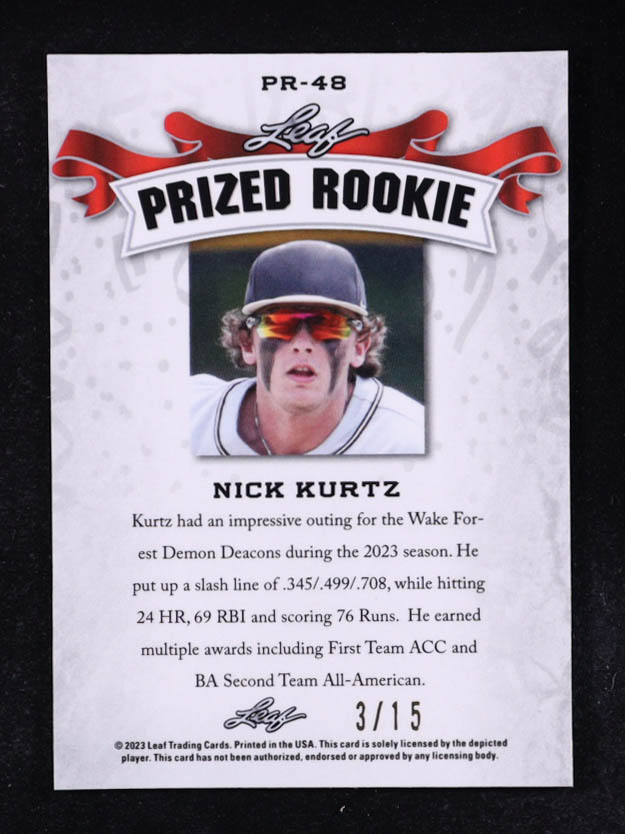 Nick Kurtz 2023 Leaf Metal Special Release Prized Rookie Disco Purple #PR48 #03/15 RC at PristineAuction.com Nick Kurtz 2023 Leaf Metal Special Release Prized Rookie Disco Purple #PR48 #03/15 RC at PristineAuction.com