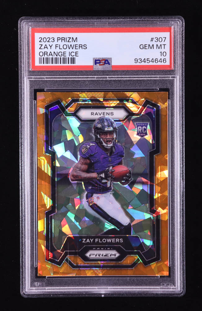Zay Flowers 2023 Panini Prizm Prizms Orange Ice #307 RC (PSA 10) at PristineAuction.com Zay Flowers 2023 Panini Prizm Prizms Orange Ice #307 RC (PSA 10) at PristineAuction.com