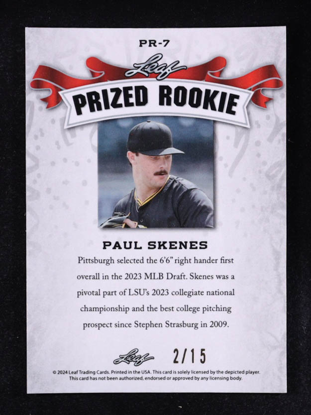 Paul Skenes 2024 Leaf Metal Special Release Prized Rookie Lazer Purple #PR7 #2/15 RC at PristineAuction.com Paul Skenes 2024 Leaf Metal Special Release Prized Rookie Lazer Purple #PR7 #2/15 RC at PristineAuction.com