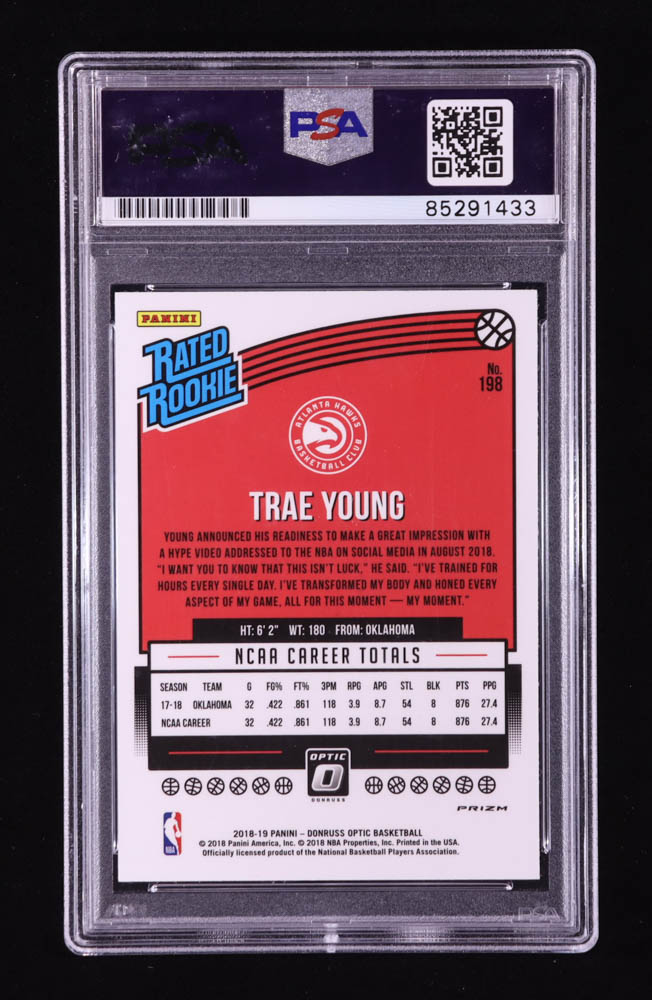 Trae Young Signed 2018-19 Donruss Optic Shock #198 RR RC Inscribed "Ice Trae" (PSA) at PristineAuction.com Trae Young Signed 2018-19 Donruss Optic Shock #198 RR RC Inscribed "Ice Trae" (PSA) at PristineAuction.com