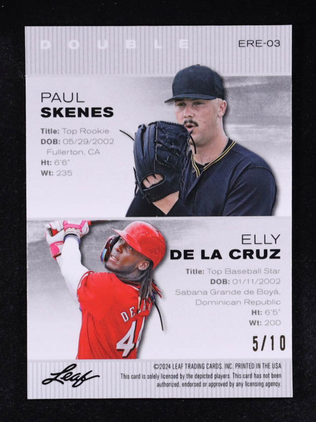 Paul Skenes RC / Elly De La Cruz 2024 Leaf Metal Special Release Exclusive Rookie Edition Dual Lazer Pink #ERE03 #05/10 at PristineAuction.com Paul Skenes RC / Elly De La Cruz 2024 Leaf Metal Special Release Exclusive Rookie Edition Dual Lazer Pink #ERE03 #05/10 at PristineAuction.com