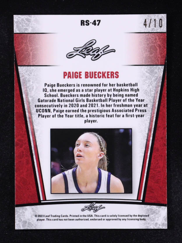 Paige Bueckers 2023 Leaf Metal Special Release Rookie Silver Lazer Pink #RS47 #4/10 RC at PristineAuction.com Paige Bueckers 2023 Leaf Metal Special Release Rookie Silver Lazer Pink #RS47 #4/10 RC at PristineAuction.com