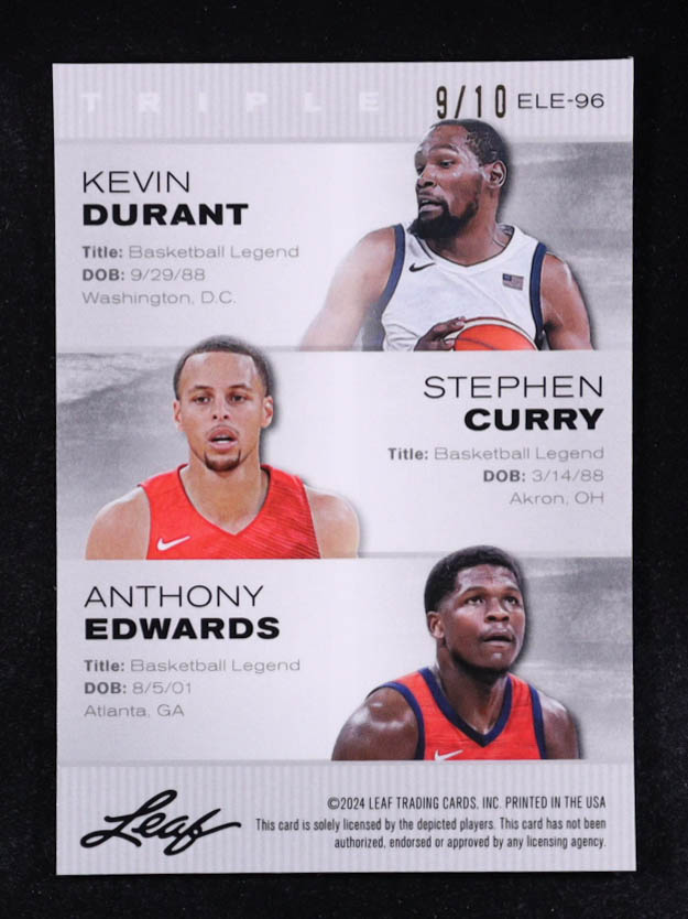 Kevin Durant / Stephen Curry / Anthony Edwards 2024 Leaf Metal Special Release Exclusive Legends Edition Triple Lazer Pink #ELE96 #9/10 at PristineAuction.com Kevin Durant / Stephen Curry / Anthony Edwards 2024 Leaf Metal Special Release Exclusive Legends Edition Triple Lazer Pink #ELE96 #9/10 at PristineAuction.com