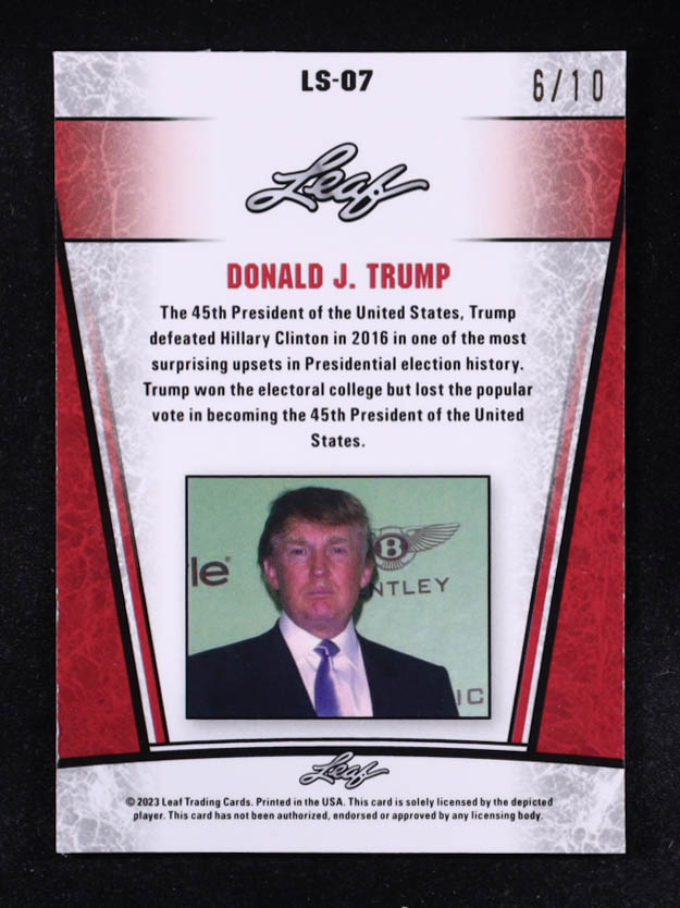 Donald J. Trump 2023 Leaf Metal Special Release Legend Silver Lazer Pink #LS07 #6/10 at PristineAuction.com Donald J. Trump 2023 Leaf Metal Special Release Legend Silver Lazer Pink #LS07 #6/10 at PristineAuction.com