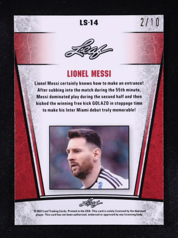 Lionel Messi 2023 Leaf Metal Special Release Legend Silver Lazer Pink #LS14 #2/10 at PristineAuction.com Lionel Messi 2023 Leaf Metal Special Release Legend Silver Lazer Pink #LS14 #2/10 at PristineAuction.com