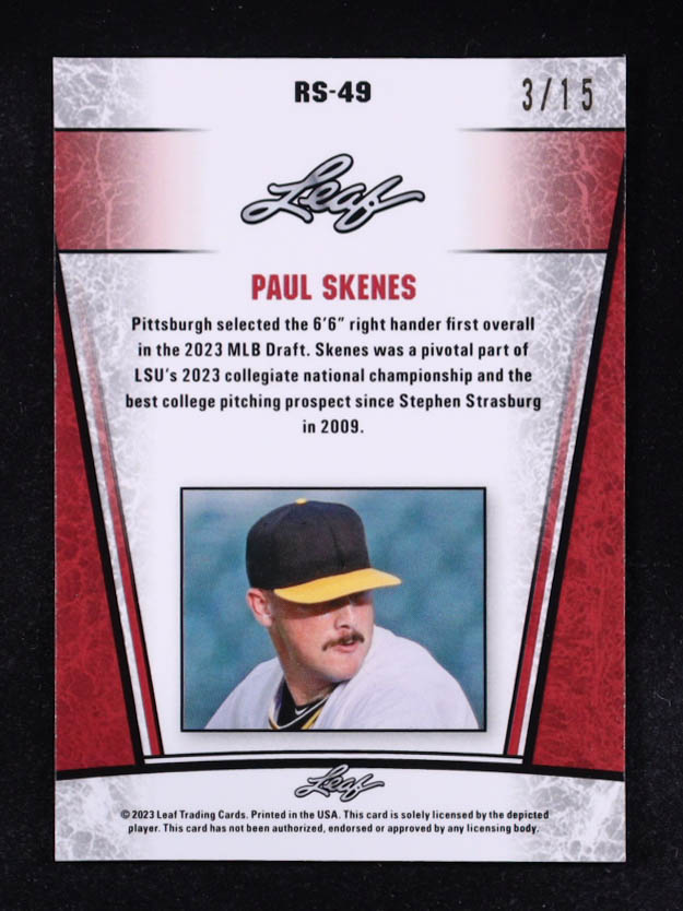 Paul Skenes 2023 Leaf Metal Special Release Rookie Silver Pulsar Purple #RS49 #3/15 RC at PristineAuction.com Paul Skenes 2023 Leaf Metal Special Release Rookie Silver Pulsar Purple #RS49 #3/15 RC at PristineAuction.com