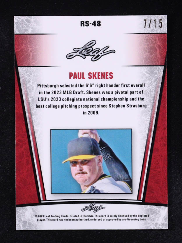 Paul Skenes 2023 Leaf Metal Special Release Rookie Silver Lazer Purple #RS48 #7/15 at PristineAuction.com Paul Skenes 2023 Leaf Metal Special Release Rookie Silver Lazer Purple #RS48 #7/15 at PristineAuction.com