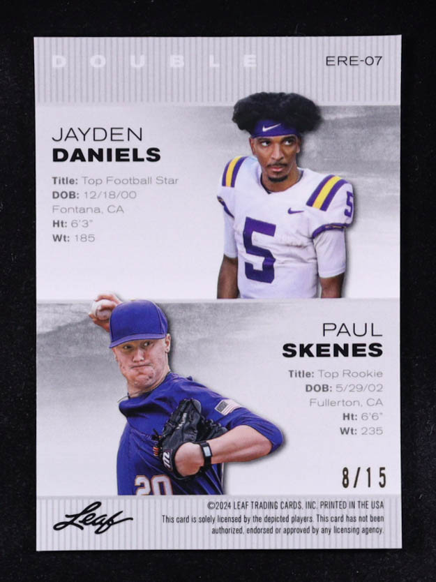 Jayden Daniels / Paul Skenes 2024 Leaf Metal Special Release Exclusive Rookie Edition Dual Lazer Purple #ERE07 #8/15 RC at PristineAuction.com Jayden Daniels / Paul Skenes 2024 Leaf Metal Special Release Exclusive Rookie Edition Dual Lazer Purple #ERE07 #8/15 RC at PristineAuction.com