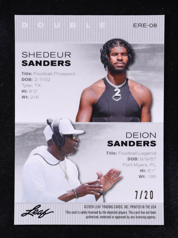 Shedeur Sanders RC / Deion Sanders 2024 Leaf Metal Special Release Exclusive Rookie Edition Dual Wave Blue #ERE08 #7/20 at PristineAuction.com Shedeur Sanders RC / Deion Sanders 2024 Leaf Metal Special Release Exclusive Rookie Edition Dual Wave Blue #ERE08 #7/20 at PristineAuction.com