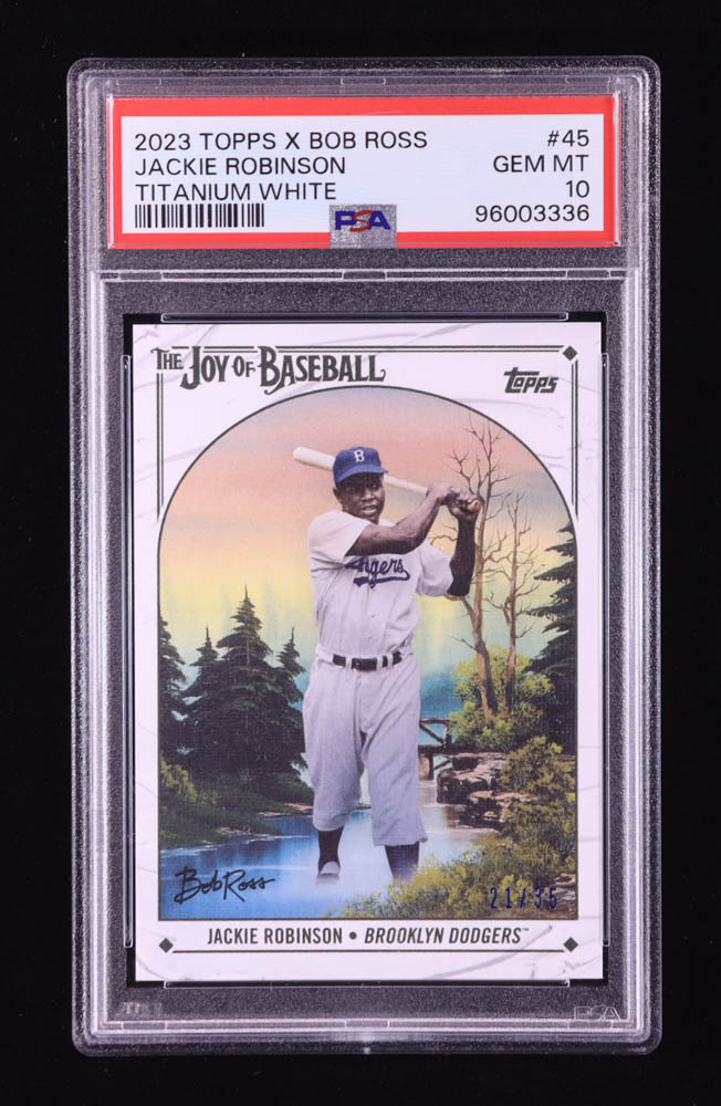 Jackie Robinson 2023 Topps X Bob Ross The Joy of Baseball Titanium White #45 #21/35 (PSA 10) at PristineAuction.com Jackie Robinson 2023 Topps X Bob Ross The Joy of Baseball Titanium White #45 #21/35 (PSA 10) at PristineAuction.com