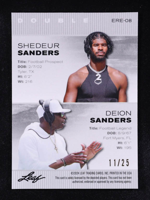 Shedeur Sanders RC / Deion Sanders 2024 Leaf Metal Special Release Exclusive Rookie Edition Dual Wave Silver #ERE08 #11/25 at PristineAuction.com Shedeur Sanders RC / Deion Sanders 2024 Leaf Metal Special Release Exclusive Rookie Edition Dual Wave Silver #ERE08 #11/25 at PristineAuction.com