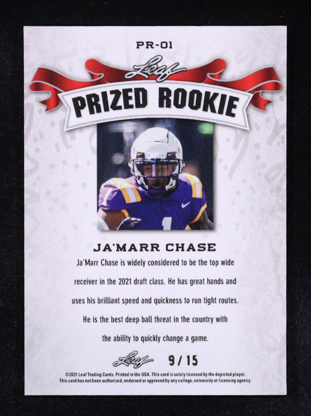 Ja'Marr Chase 2021 Leaf Metal Special Release Prized Rookie Wave Purple #PR01 #9/15 RC at PristineAuction.com Ja'Marr Chase 2021 Leaf Metal Special Release Prized Rookie Wave Purple #PR01 #9/15 RC at PristineAuction.com