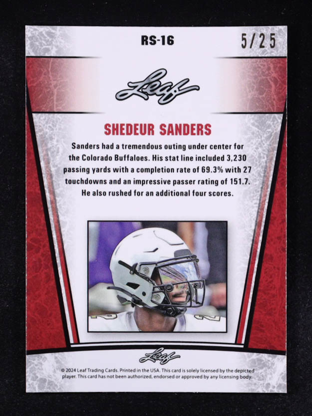 Shedeur Sanders 2024 Leaf Metal Special Release Rookie Silver Lazer Silver #RS16 #5/25 RC at PristineAuction.com Shedeur Sanders 2024 Leaf Metal Special Release Rookie Silver Lazer Silver #RS16 #5/25 RC at PristineAuction.com