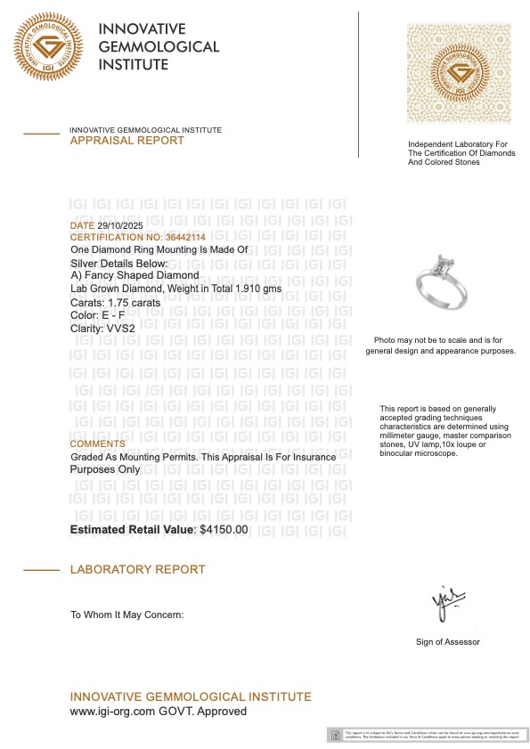 1.75 CTW Lab Grown Diamonds Ring Mounted In Sterling Silver E-F, VVS2 | Estimated Retail Value: $4,150 (IGI) at PristineAuction.com 1.75 CTW Lab Grown Diamonds Ring Mounted In Sterling Silver E-F, VVS2 | Estimated Retail Value: $4,150 (IGI) at PristineAuction.com