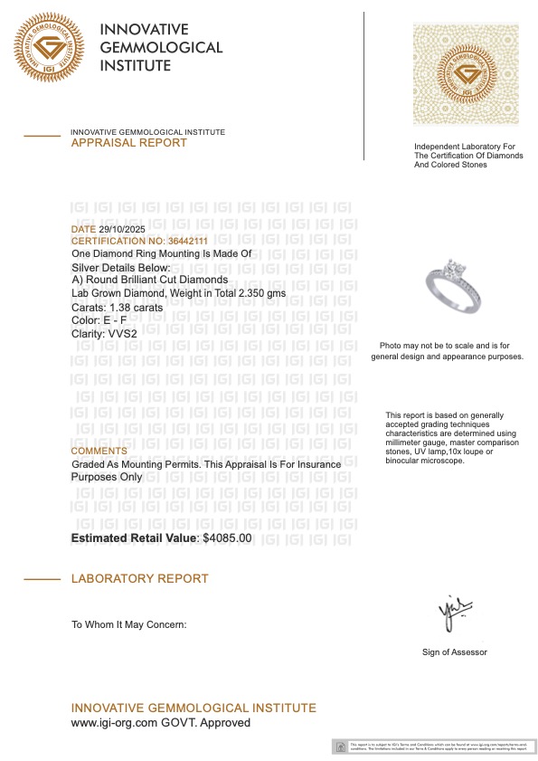 1.38 CTW Lab Grown Diamonds Ring Mounted In Sterling Silver E-F, VVS2 | Estimated Retail Value: $4,115 at PristineAuction.com 1.38 CTW Lab Grown Diamonds Ring Mounted In Sterling Silver E-F, VVS2 | Estimated Retail Value: $4,115 at PristineAuction.com