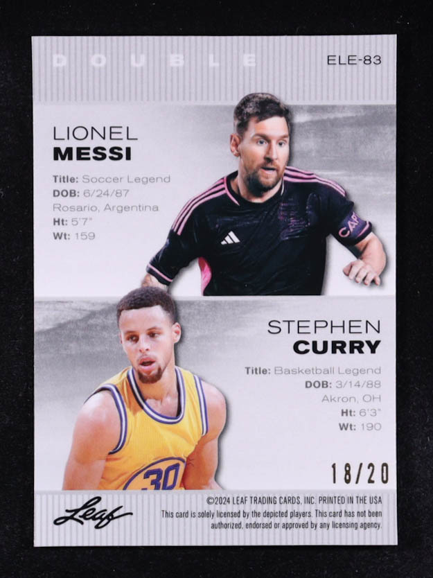 Lionel Messi / Stephen Curry 2024 Leaf Metal Special Release Exclusive Legends Edition Dual Wave Blue #ELE83 #18/20 at PristineAuction.com Lionel Messi / Stephen Curry 2024 Leaf Metal Special Release Exclusive Legends Edition Dual Wave Blue #ELE83 #18/20 at PristineAuction.com