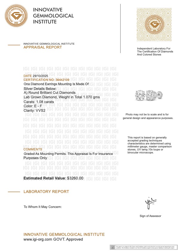 1.08 CTW Lab Grown Diamonds Earring Mounted In Sterling Silver E-F, VVS2 | Estimated Retail Value: $3,260 (IGI) at PristineAuction.com 1.08 CTW Lab Grown Diamonds Earring Mounted In Sterling Silver E-F, VVS2 | Estimated Retail Value: $3,260 (IGI) at PristineAuction.com