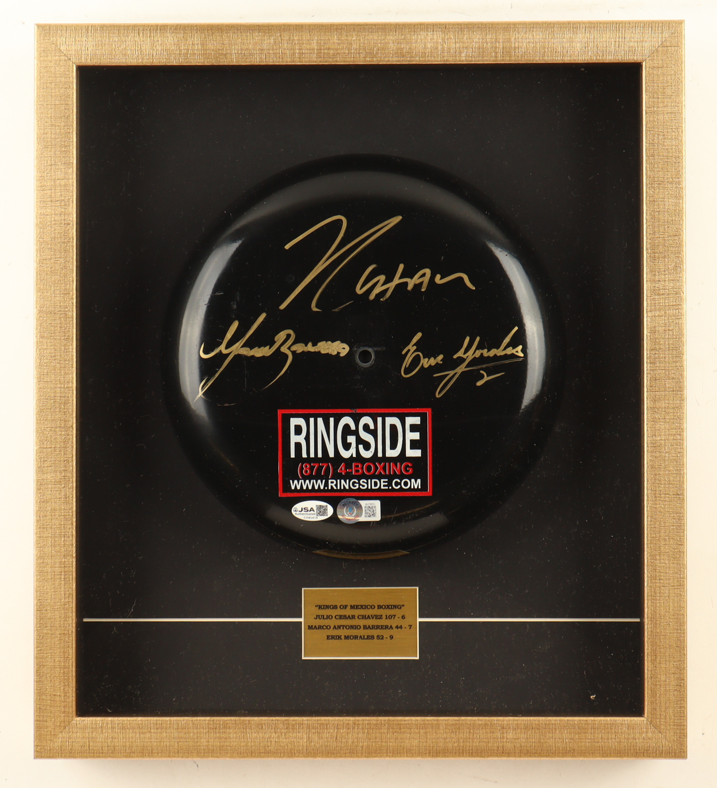 Julio Cesar Chavez, Marco Antonio Barrera & Erik Morales Signed Custom Framed Ringside Boxing Bell Shadowbox Display (JSA & Beckett) at PristineAuction.com Julio Cesar Chavez, Marco Antonio Barrera & Erik Morales Signed Custom Framed Ringside Boxing Bell Shadowbox Display (JSA & Beckett) at PristineAuction.com
