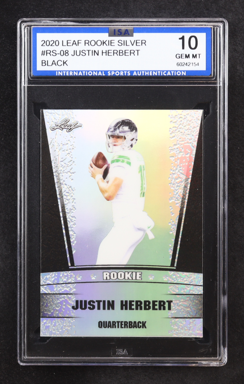Justin Herbert 2020 Leaf Rookie Silver Black #RS-08 RC #4/7 (ISA 10) at PristineAuction.com Justin Herbert 2020 Leaf Rookie Silver Black #RS-08 RC #4/7 (ISA 10) at PristineAuction.com