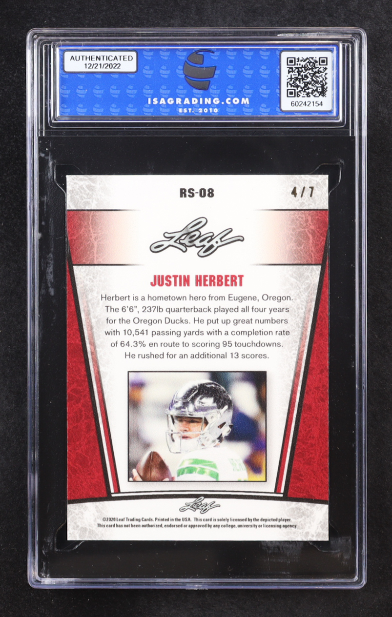 Justin Herbert 2020 Leaf Rookie Silver Black #RS-08 RC #4/7 (ISA 10) at PristineAuction.com Justin Herbert 2020 Leaf Rookie Silver Black #RS-08 RC #4/7 (ISA 10) at PristineAuction.com